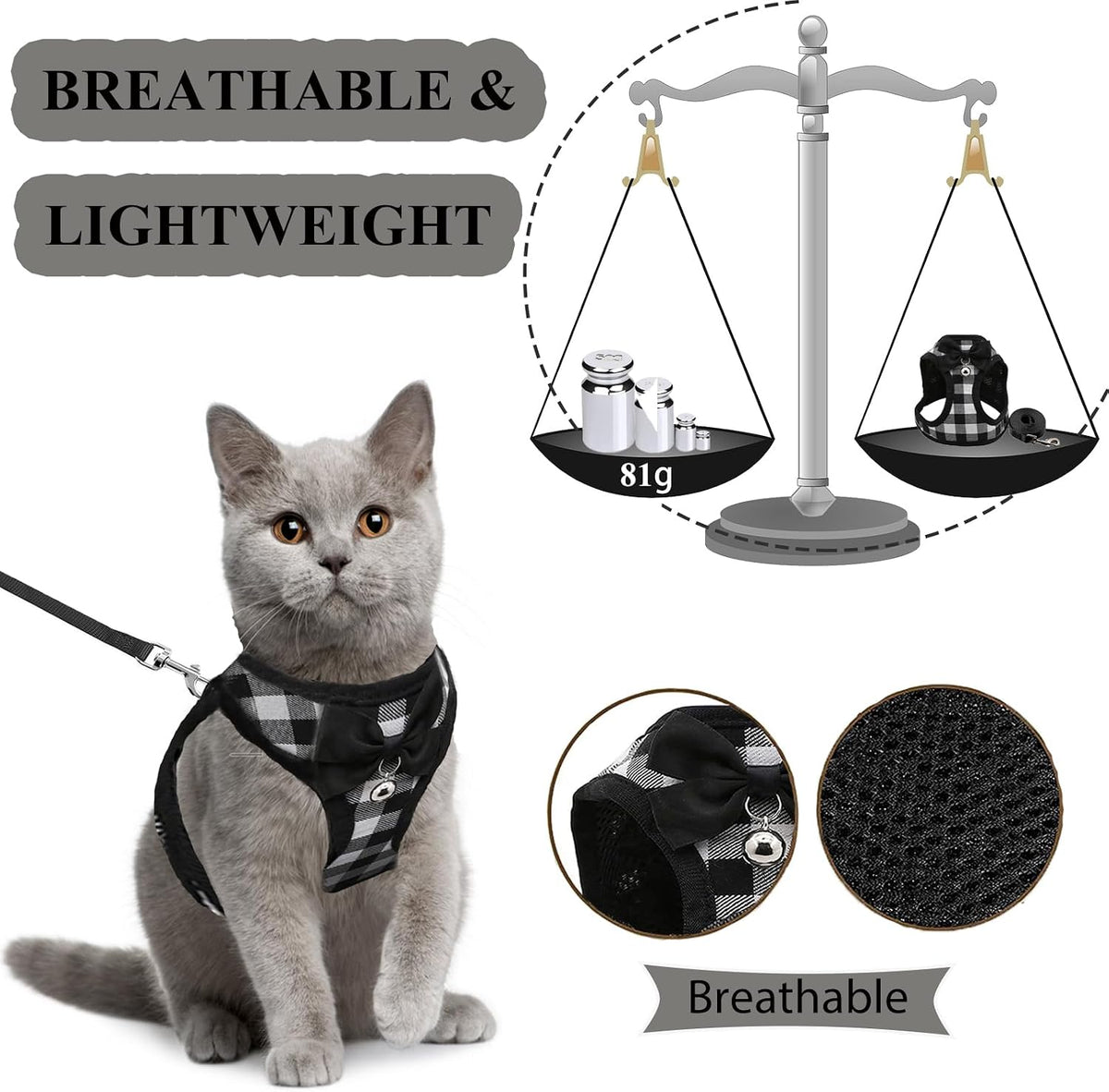 Cat Leashes and Harnesses for Walking,Breathable Soft Kittens Vest for Cats Dogs, Kitten Harness Escape Proof with Bell and Bow-Knot Decoration Christmas(S, Black-White)
