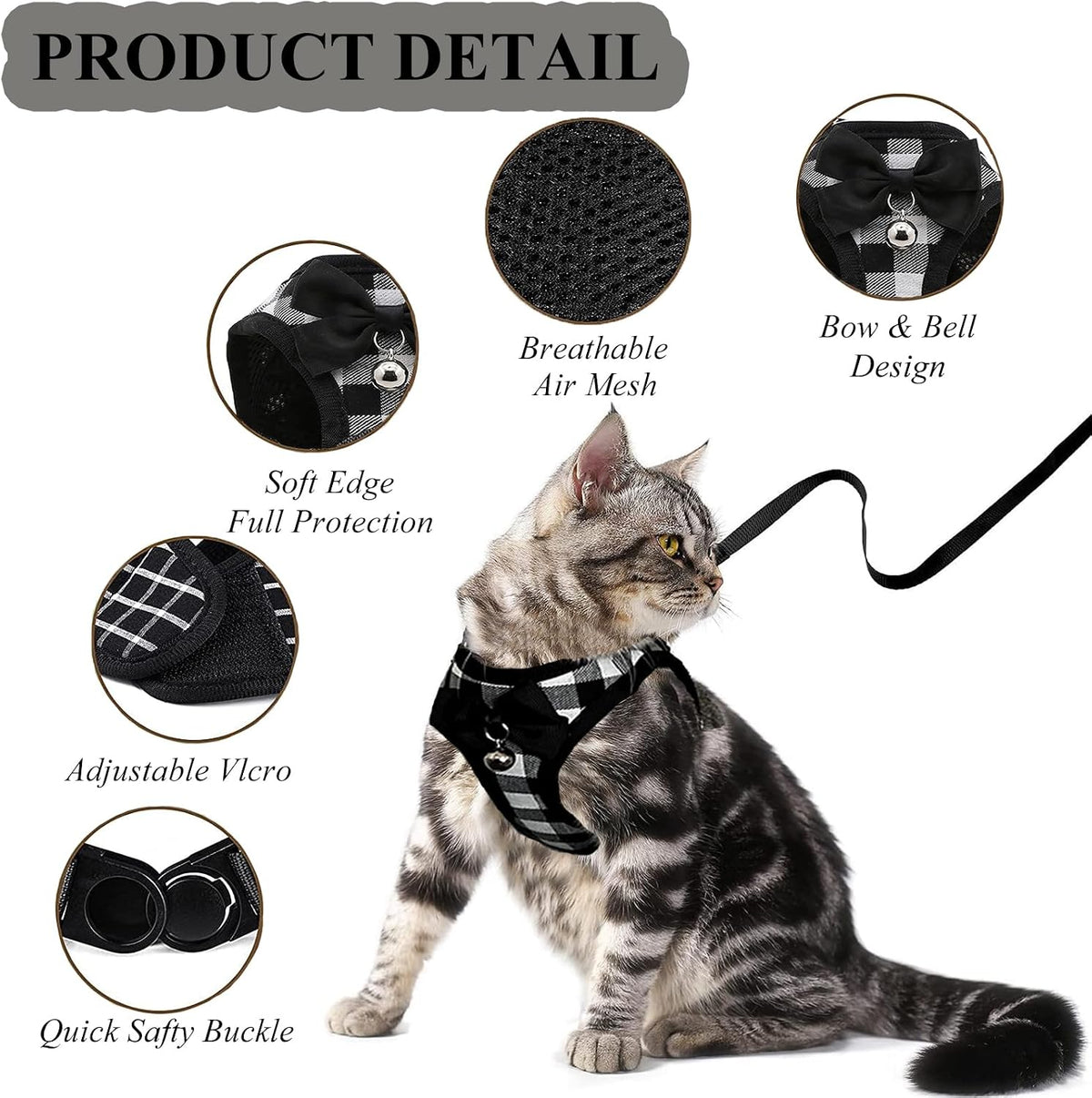 Cat Leashes and Harnesses for Walking,Breathable Soft Kittens Vest for Cats Dogs, Kitten Harness Escape Proof with Bell and Bow-Knot Decoration Christmas(S, Black-White)