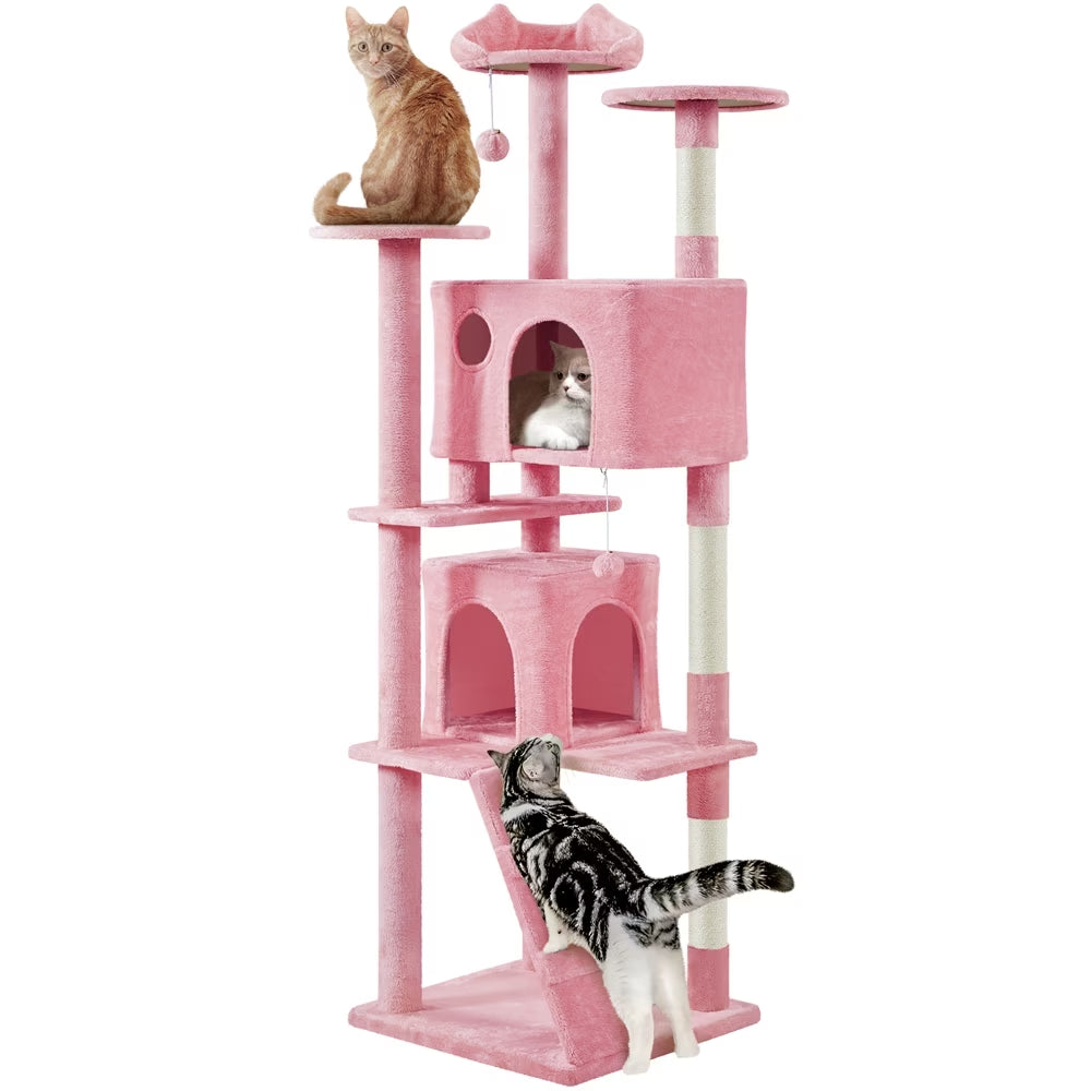 80″ Tall Multilevel Cat Tree with 2 Condos & 3 Scratching Posts for Kittens, Pink