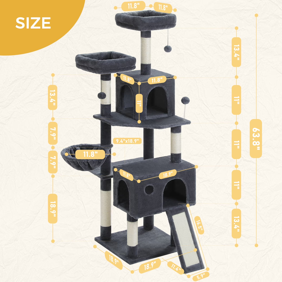 64 in Cat Tree for Cats of All Sizes, 5 Level Cat Tower with Hammock, Condo, Ramp Ladder and 5 Sisal Scratching Posts, Dark Gray