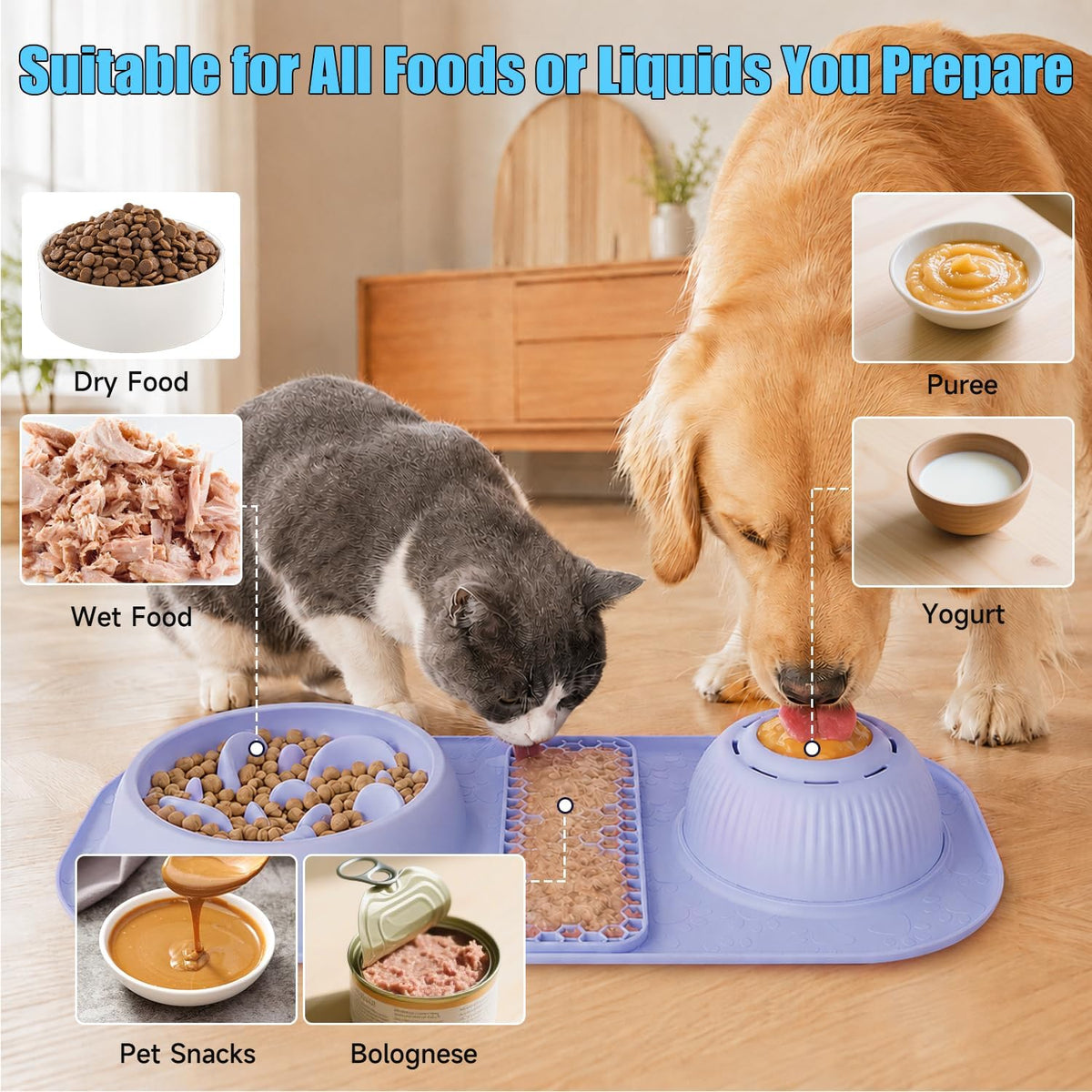 Dog Lick Bowl with Rolling Ball, 3 in 1 Slow Feeder Dog Bowls