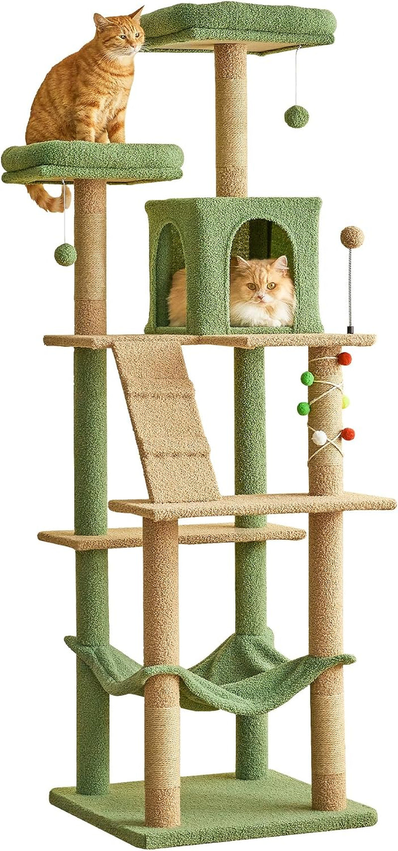 70.1-Inch Green Large Cat Tree, Multi-Level Tall Cat Tower for Indoor Cats, Plush Cat Condo with Big Padded Perches, Sisal-Covered Scratching Posts, Hammock, Toys for Kittens & Cats