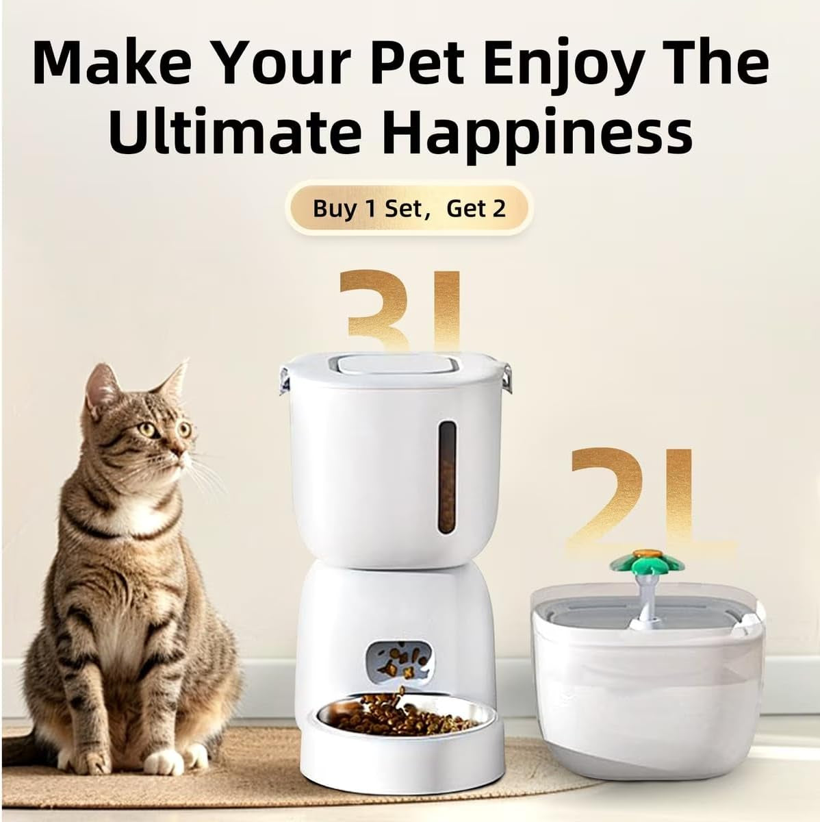 2-In-1 Automatic Cat Feeder & Water Fountain Set, White, 3-L & 2-L