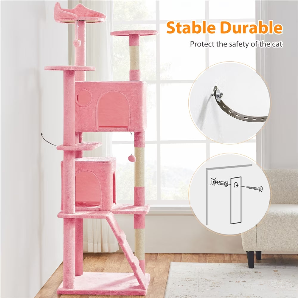 80″ Tall Multilevel Cat Tree with 2 Condos & 3 Scratching Posts for Kittens, Pink