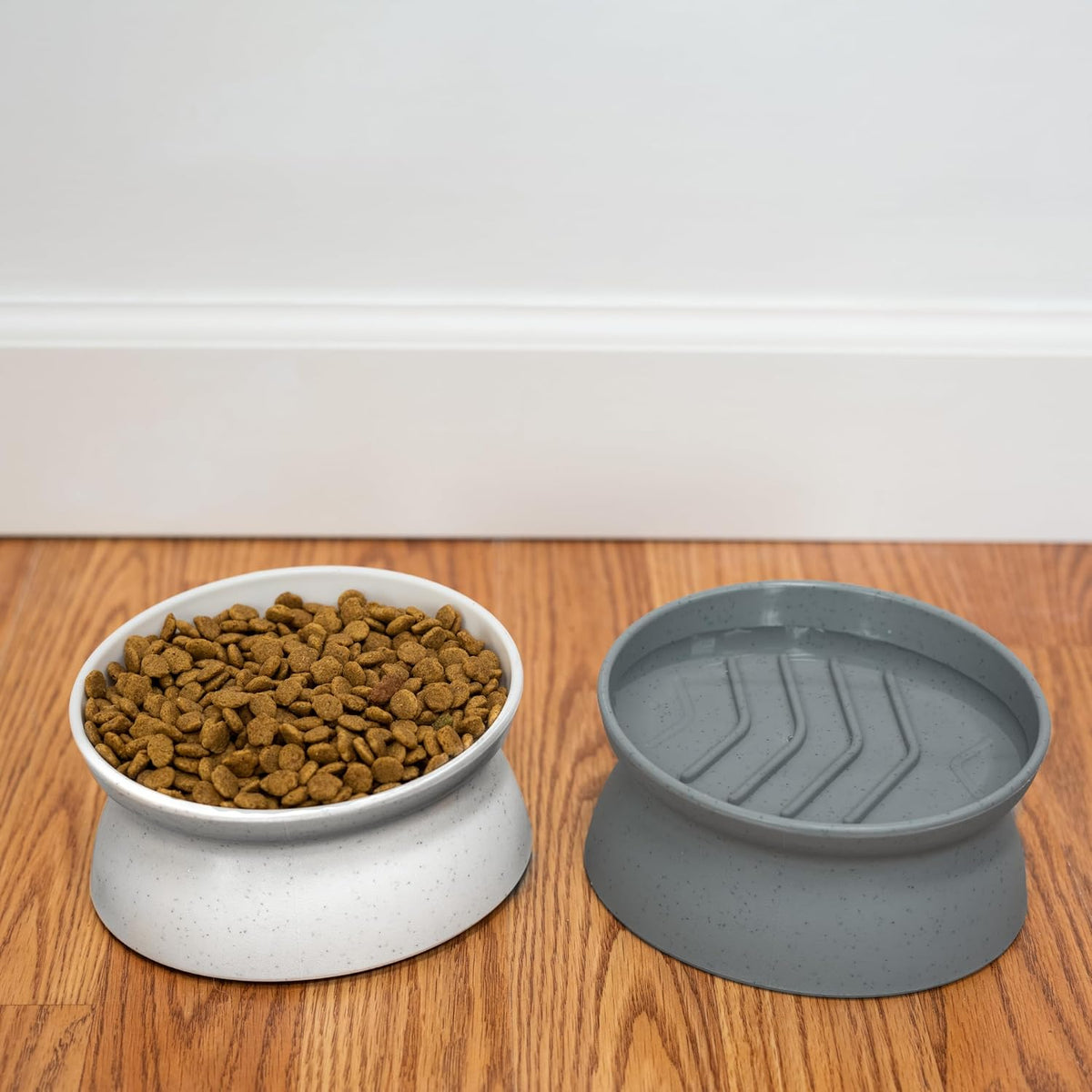 Elevated Slow Feeder Cat Bowls (Set of 2), Whisker-Friendly Raised Cat Food Dishes with Ridges, Helps Reduce Fast Eating & Digestion Issues, Dishwasher Safe, 6.5 Oz – White & Gray