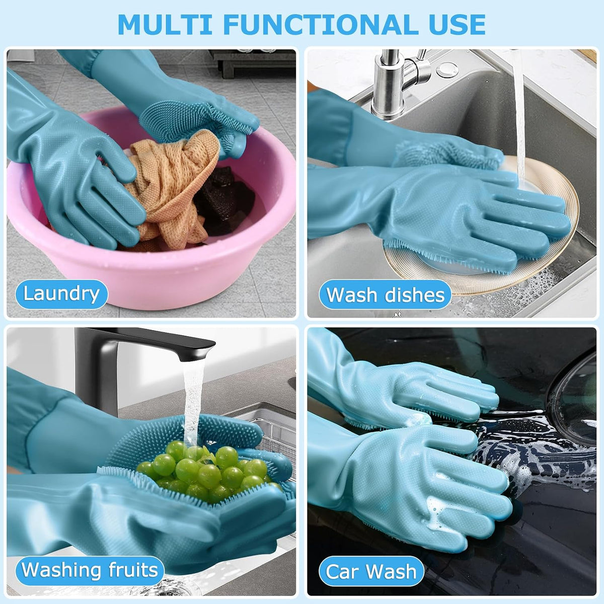 Dog Washing Gloves | Pet Grooming Gloves | Extra Long Arms 17.3In,Hazy Blue