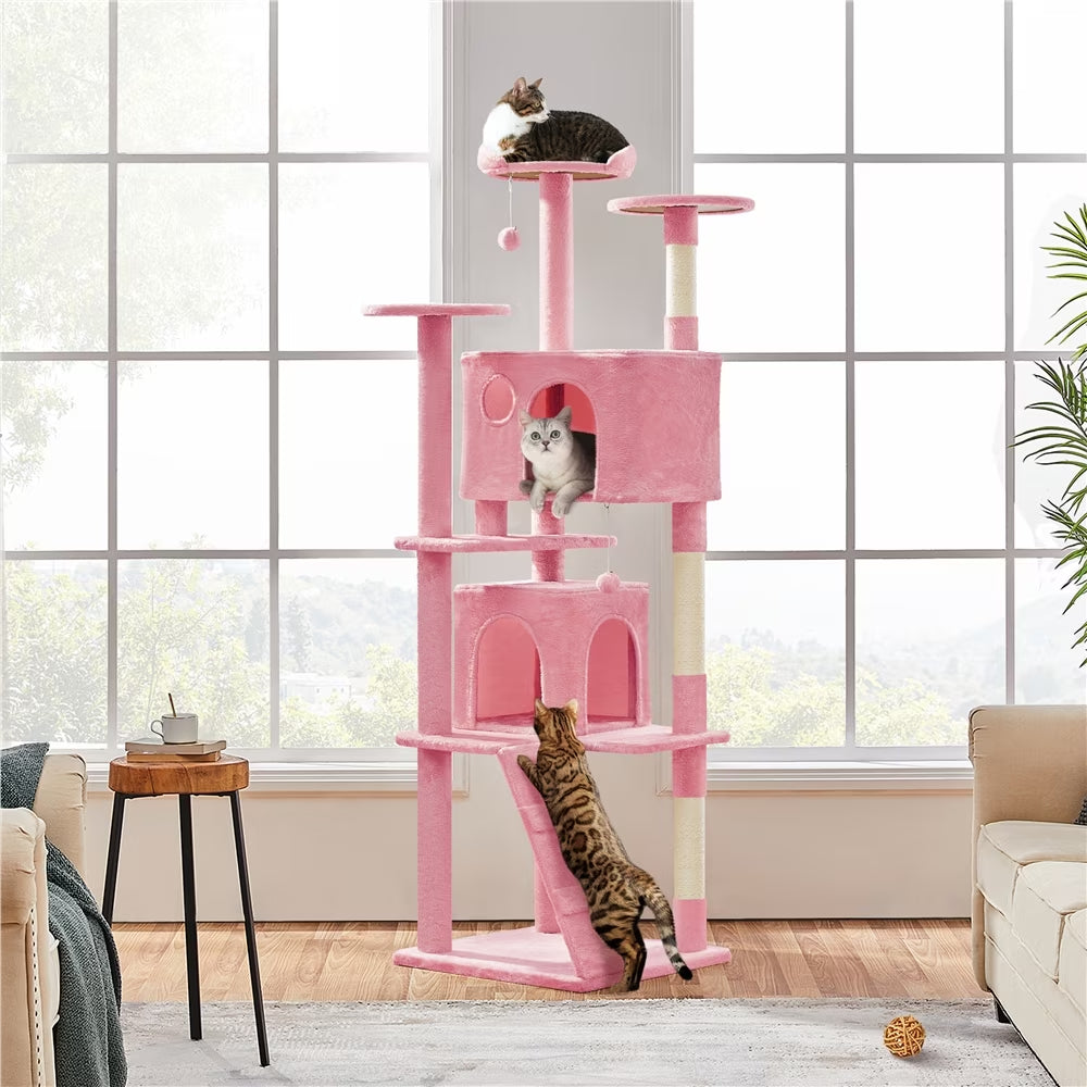 80″ Tall Multilevel Cat Tree with 2 Condos & 3 Scratching Posts for Kittens, Pink