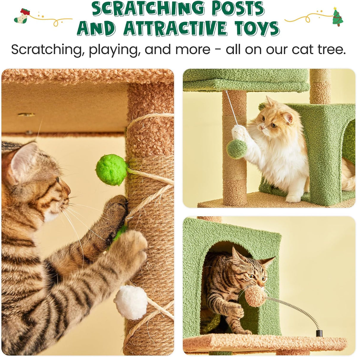 70.1-Inch Green Large Cat Tree, Multi-Level Tall Cat Tower for Indoor Cats, Plush Cat Condo with Big Padded Perches, Sisal-Covered Scratching Posts, Hammock, Toys for Kittens & Cats