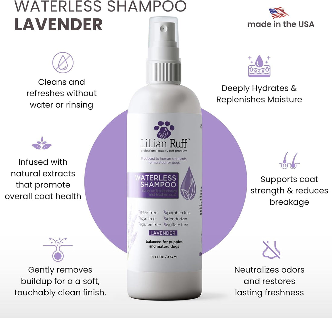 Waterless No-Rinse Dog Dry Shampoo Spray with Hydrating Essential Oils - Ph-Balanced Dry Shampoo for Dogs - Clean, Condition, Detangle & Deodorize Dry, Sensitive Skin (Lavender)
