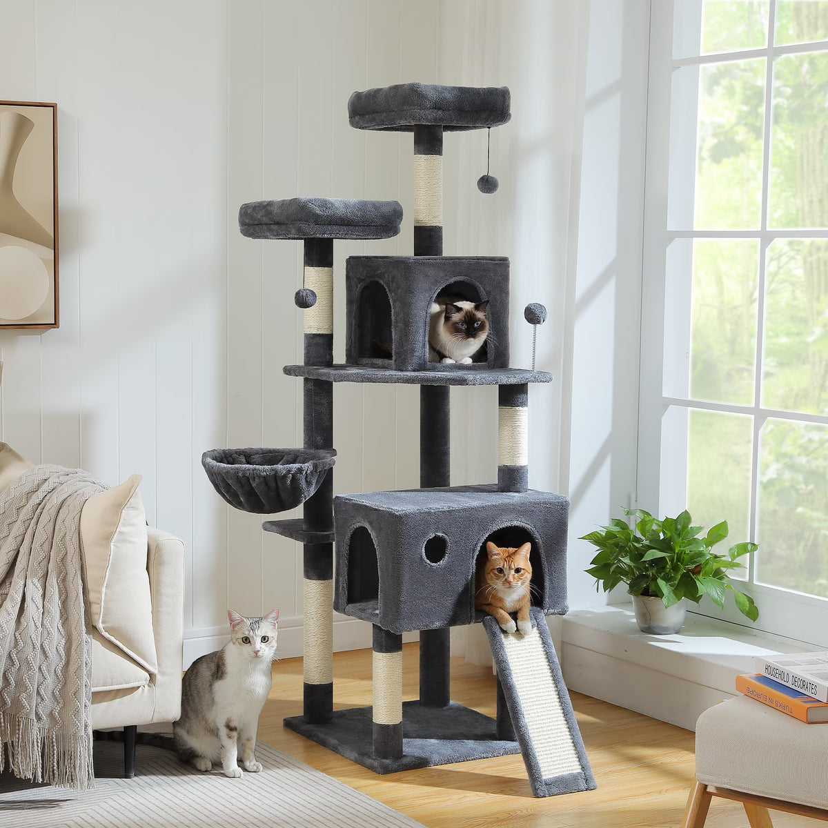 64 in Cat Tree for Cats of All Sizes, 5 Level Cat Tower with Hammock, Condo, Ramp Ladder and 5 Sisal Scratching Posts, Dark Gray