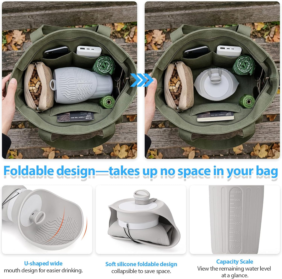 Portable Dog Water Bottle, Leak Proof Collapsible Water Bottles Lightweight Dog Water Bottle Suitable for Pets Outdoor Walking, Hiking, Travel, Camping (Gray, 20.9, Ounces)