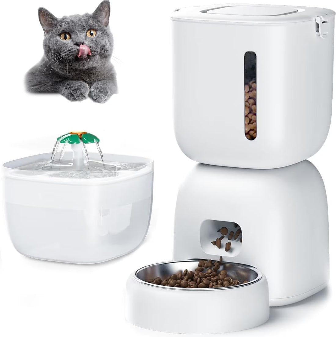 2-In-1 Automatic Cat Feeder &amp; Water Fountain Set, White, 3-L &amp; 2-L