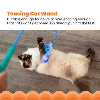 Tail Teaser Air Prey Cat Wand Toy for Indoor Cats, Interactive Cat Toy with 2 Feathered Catnip Toys, Crinkle Sounds, and Durable Rope for Leaping Play, Blue