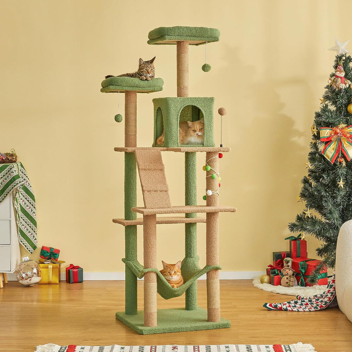 70.1-Inch Green Large Cat Tree, Multi-Level Tall Cat Tower for Indoor Cats, Plush Cat Condo with Big Padded Perches, Sisal-Covered Scratching Posts, Hammock, Toys for Kittens &amp; Cats