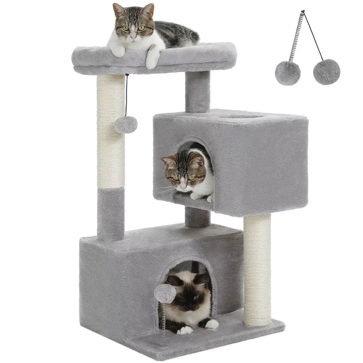 Árbol Rascador para Gatos Grandes – Torre con 2 Condos, Percha y Postes