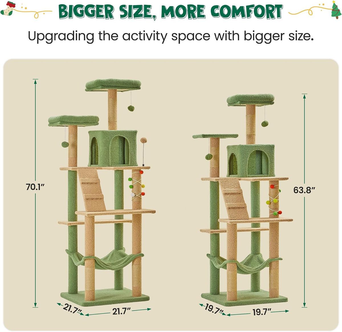 70.1-Inch Green Large Cat Tree, Multi-Level Tall Cat Tower for Indoor Cats, Plush Cat Condo with Big Padded Perches, Sisal-Covered Scratching Posts, Hammock, Toys for Kittens &amp; Cats