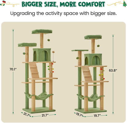 70.1-Inch Green Large Cat Tree, Multi-Level Tall Cat Tower for Indoor Cats, Plush Cat Condo with Big Padded Perches, Sisal-Covered Scratching Posts, Hammock, Toys for Kittens &amp; Cats