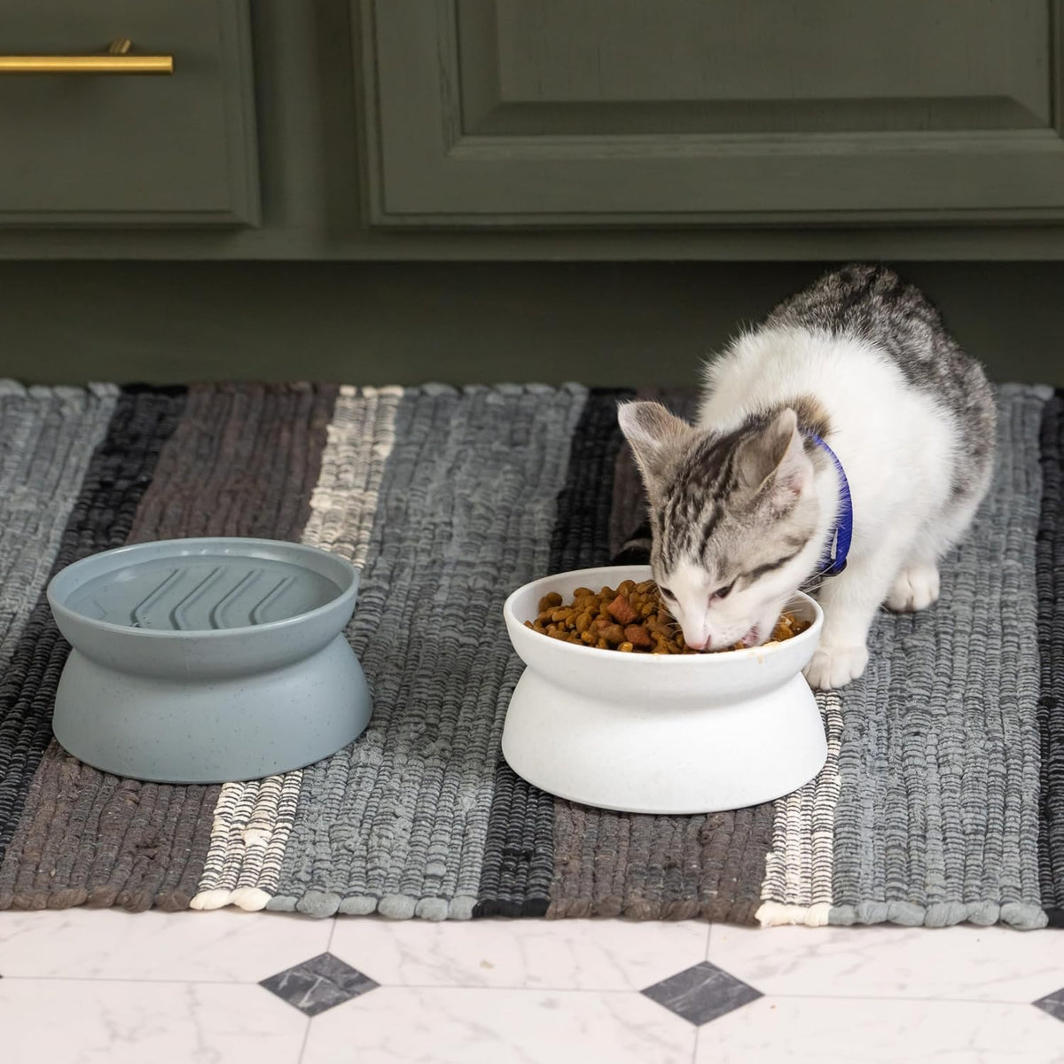 Elevated Slow Feeder Cat Bowls (Set of 2), Whisker-Friendly Raised Cat Food Dishes with Ridges, Helps Reduce Fast Eating &amp; Digestion Issues, Dishwasher Safe, 6.5 Oz – White &amp; Gray