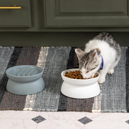 Elevated Slow Feeder Cat Bowls (Set of 2), Whisker-Friendly Raised Cat Food Dishes with Ridges, Helps Reduce Fast Eating &amp; Digestion Issues, Dishwasher Safe, 6.5 Oz – White &amp; Gray