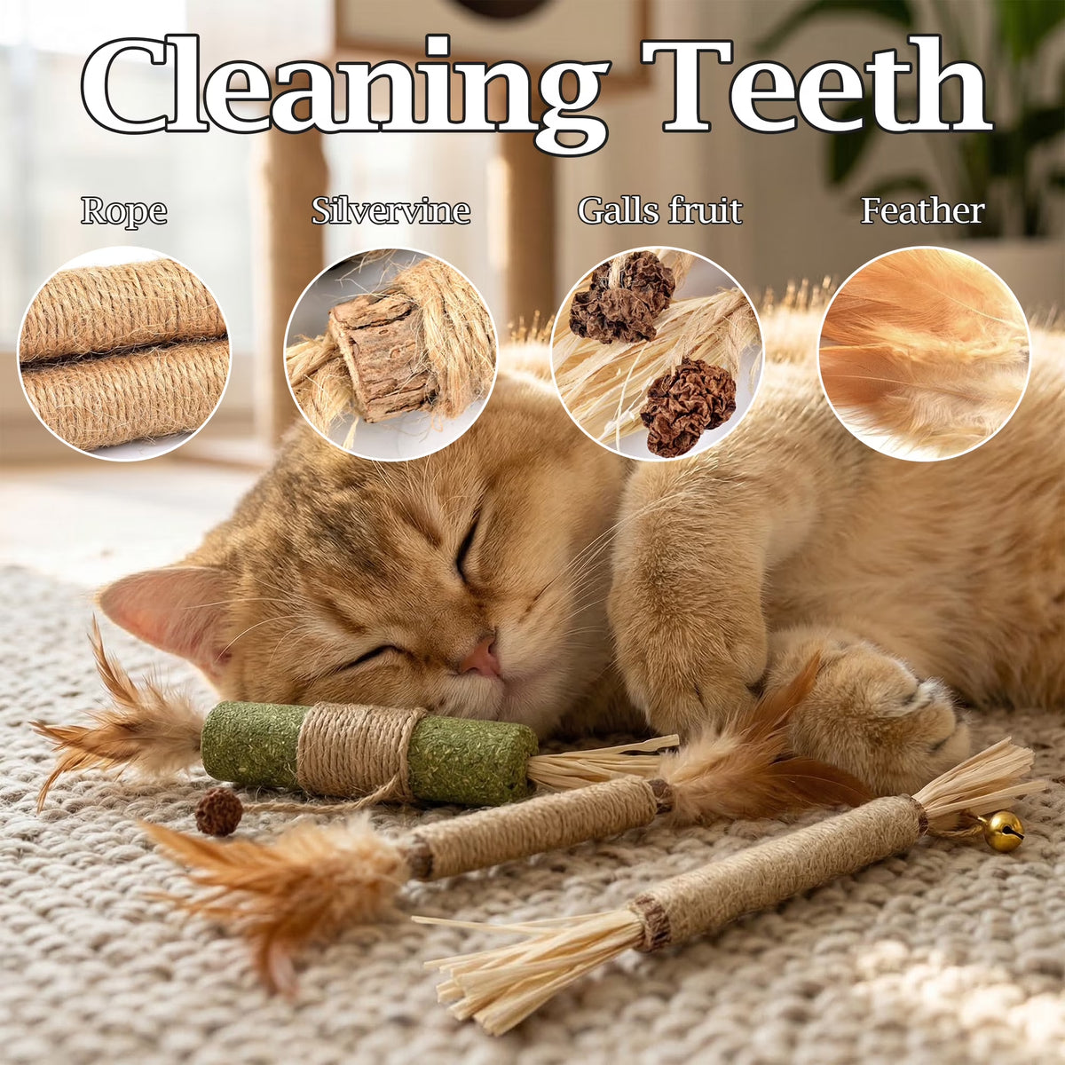 Cat Chew Toys, 12PCS Chew Rope &amp; Silvervine Sticks for Bored Indoor Adult Cats, Interactive Catnip Toys for Cats for Teeth Cleaning