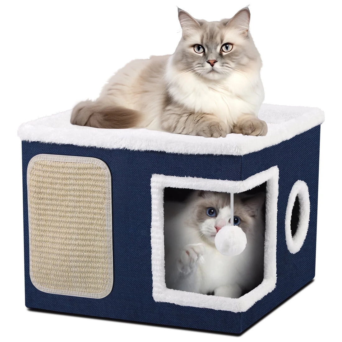 Cat Beds for Indoor Cats,Large Pet Beds for Cats, Cat Cave with Cozy Condo and Scratch Pad,Foldable Cat Cube Hideaway,Blue