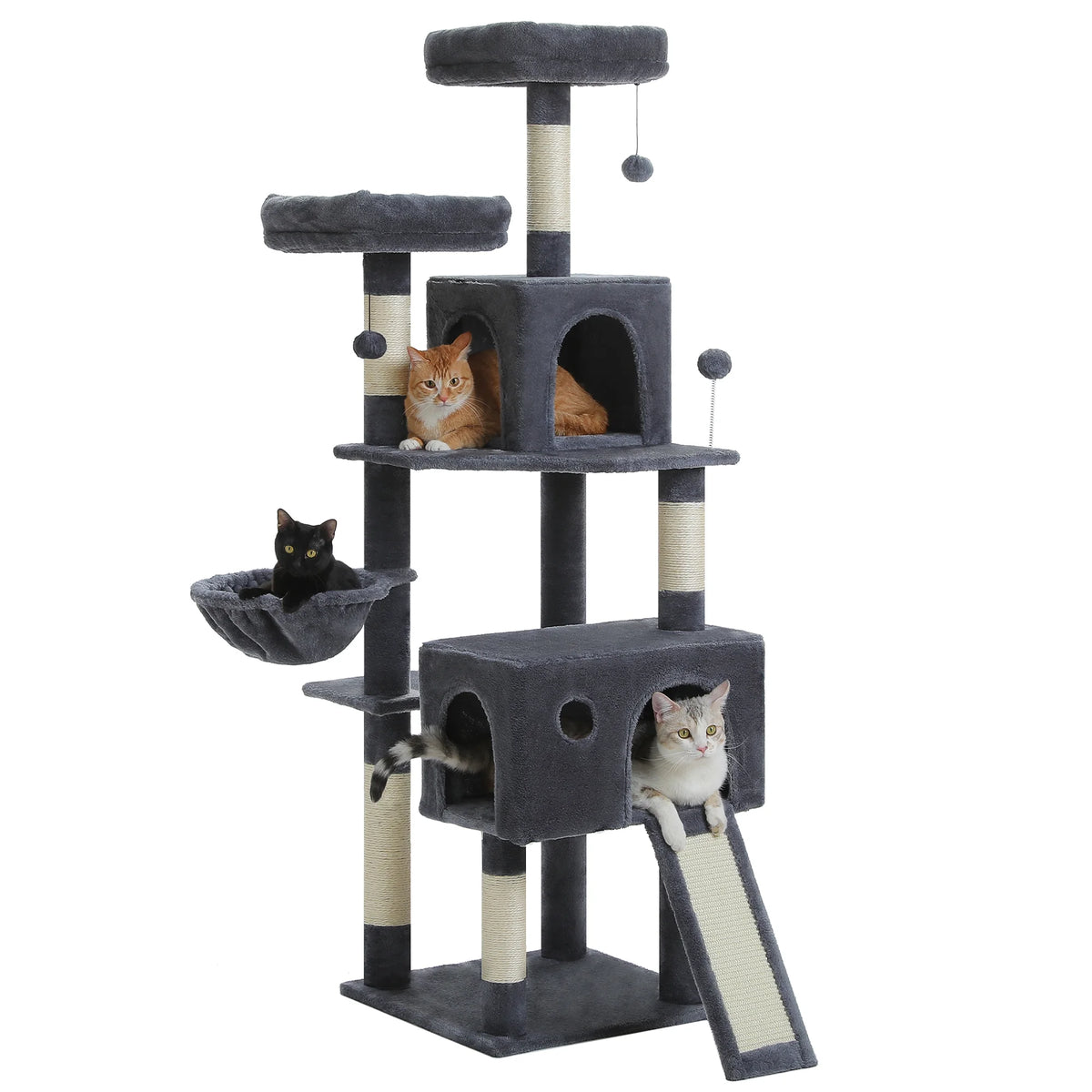 64 in Cat Tree for Cats of All Sizes, 5 Level Cat Tower with Hammock, Condo, Ramp Ladder and 5 Sisal Scratching Posts, Dark Gray