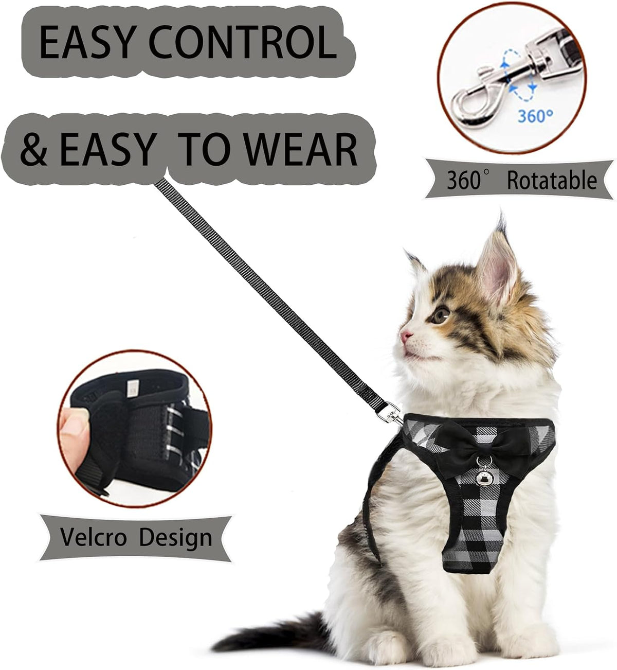 Cat Leashes and Harnesses for Walking,Breathable Soft Kittens Vest for Cats Dogs, Kitten Harness Escape Proof with Bell and Bow-Knot Decoration Christmas(S, Black-White)