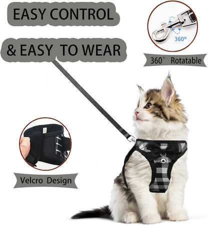Cat Leashes and Harnesses for Walking,Breathable Soft Kittens Vest for Cats Dogs, Kitten Harness Escape Proof with Bell and Bow-Knot Decoration Christmas(S, Black-White)