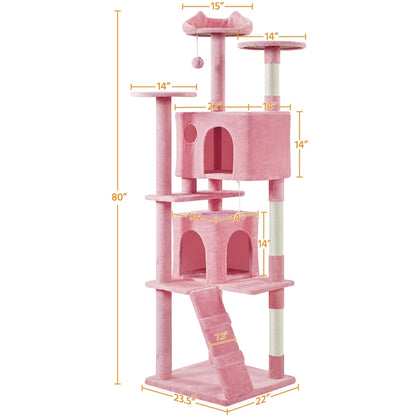 80″ Tall Multilevel Cat Tree with 2 Condos &amp; 3 Scratching Posts for Kittens, Pink