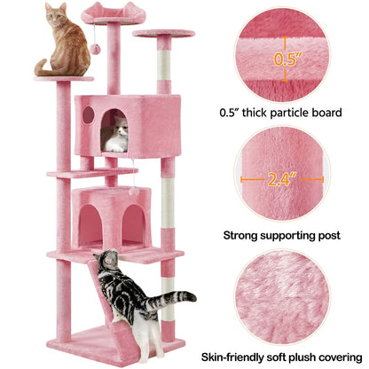 80″ Tall Multilevel Cat Tree with 2 Condos &amp; 3 Scratching Posts for Kittens, Pink