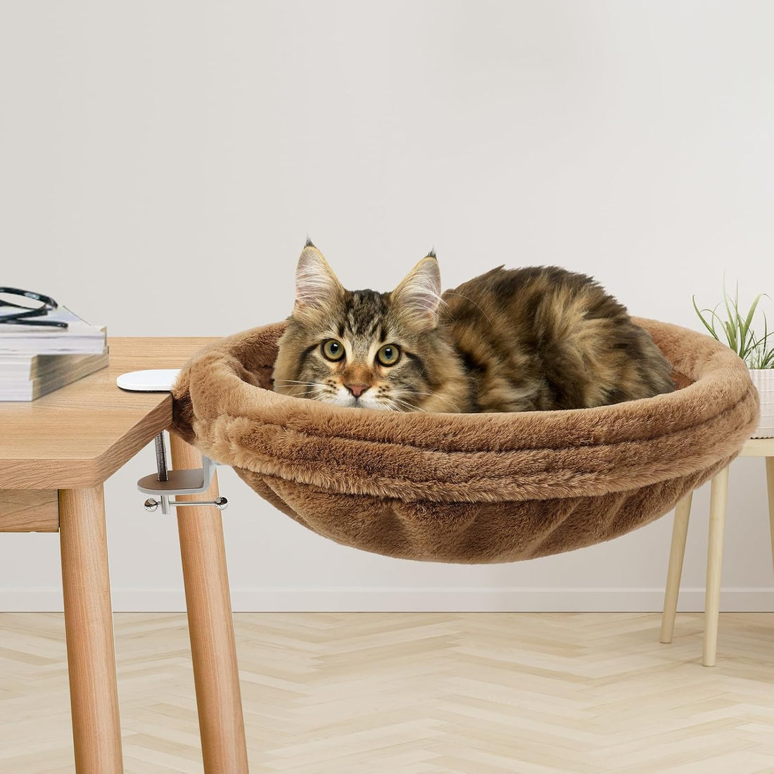 Cat Desk Bed - Soft Faux Fur Fabric, Adjustable Steel Frame, Suitable for Indoor Cats - Perfect Cat Hammock for Desks - Weighing up to 25 Lbs, Unique and Modern Cat Furniture