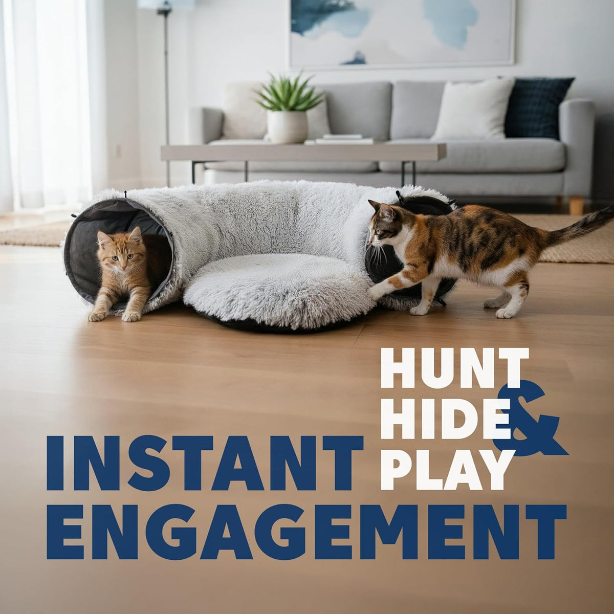 Large Cat Donut Tunnel Bed - Cat Tunnels for Indoor Cats - Circle Hideaway with Cat Toys, 3-In-1, Gift-Ready DIY Collapsible Plush Cat Tube, Rabbit, Kitty