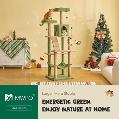 70.1-Inch Green Large Cat Tree, Multi-Level Tall Cat Tower for Indoor Cats, Plush Cat Condo with Big Padded Perches, Sisal-Covered Scratching Posts, Hammock, Toys for Kittens &amp; Cats