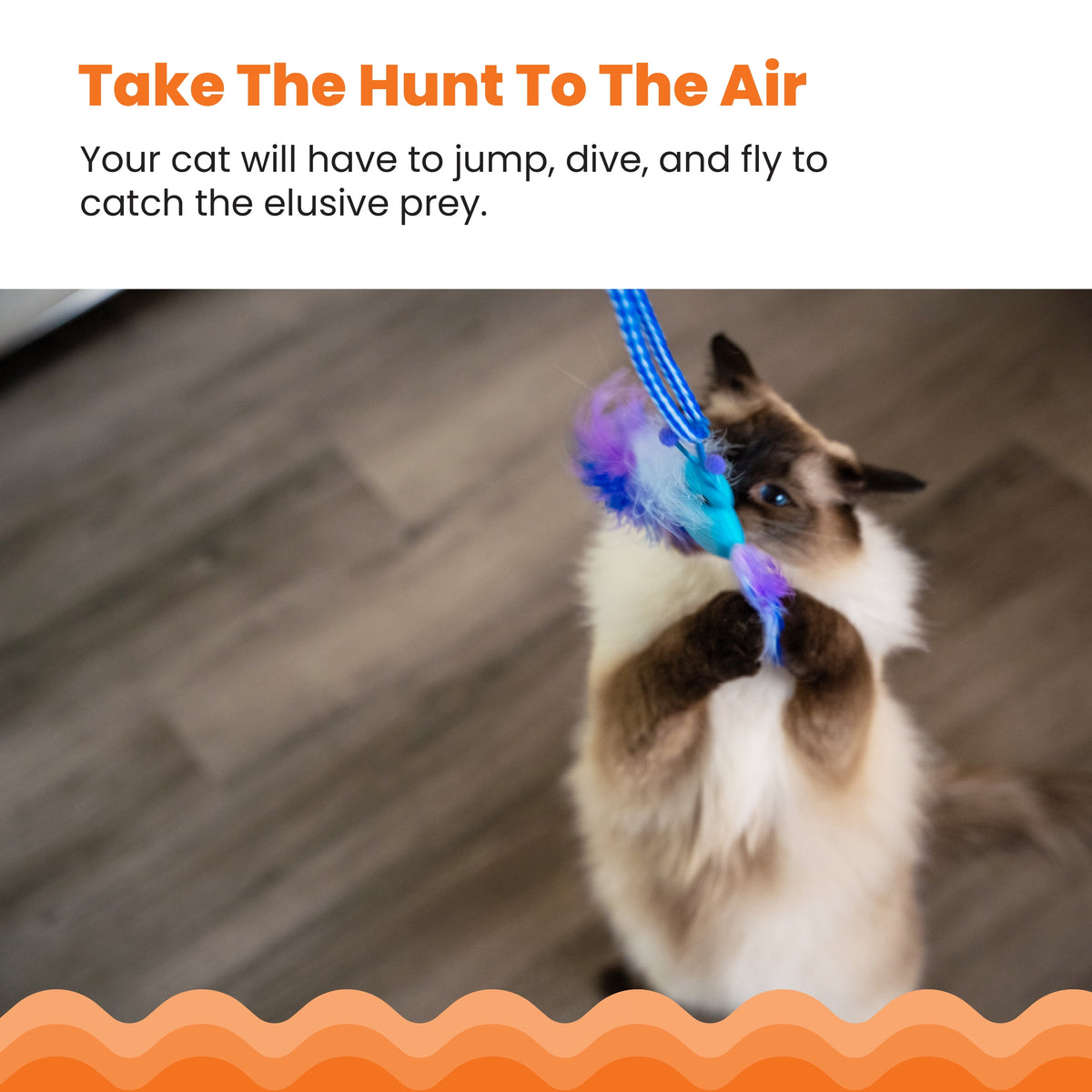 Tail Teaser Air Prey Cat Wand Toy for Indoor Cats, Interactive Cat Toy with 2 Feathered Catnip Toys, Crinkle Sounds, and Durable Rope for Leaping Play, Blue