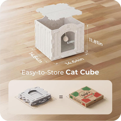 Cat Bed Cave for Indoor Cats: New Felt Cat Bed with Fluffy Ball, Foldable Cat House with Scratch-Resistant Board, Hideaway Cat Cave for Timid Cats, Sturdy Two-Tier Cat Condo &amp; Cat Houses