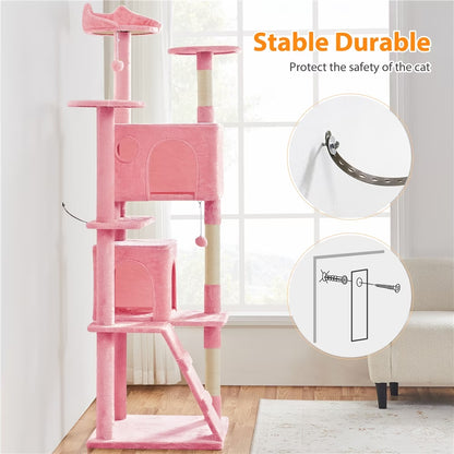 80″ Tall Multilevel Cat Tree with 2 Condos &amp; 3 Scratching Posts for Kittens, Pink