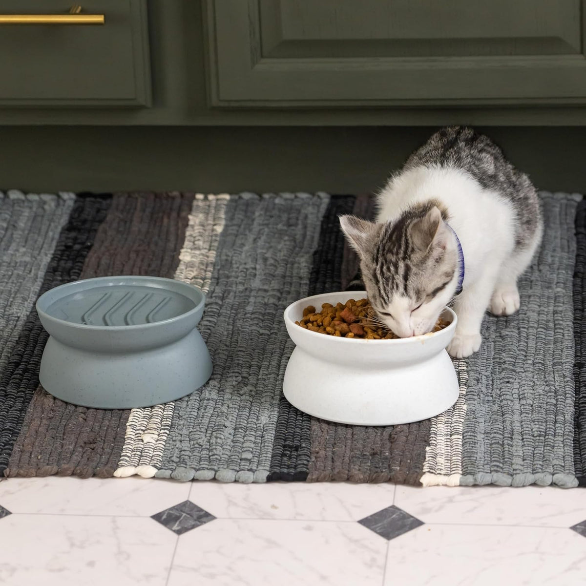 Elevated Slow Feeder Cat Bowls (Set of 2), Whisker-Friendly Raised Cat Food Dishes with Ridges, Helps Reduce Fast Eating &amp; Digestion Issues, Dishwasher Safe, 6.5 Oz – White &amp; Gray
