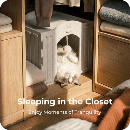 Cat Bed Cave for Indoor Cats: New Felt Cat Bed with Fluffy Ball, Foldable Cat House with Scratch-Resistant Board, Hideaway Cat Cave for Timid Cats, Sturdy Two-Tier Cat Condo &amp; Cat Houses