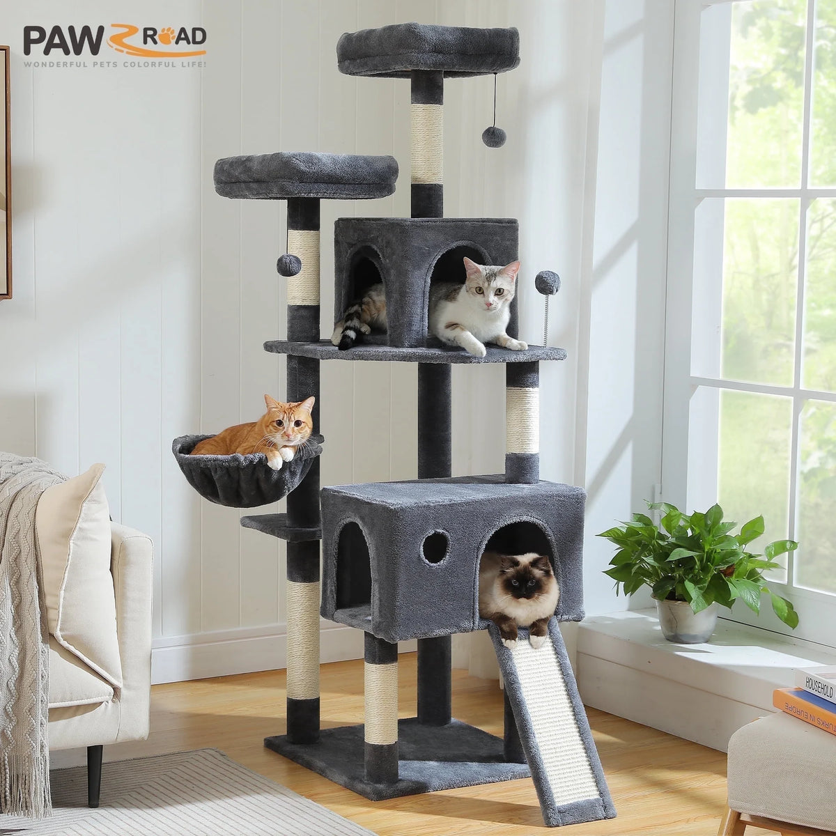 64 in Cat Tree for Cats of All Sizes, 5 Level Cat Tower with Hammock, Condo, Ramp Ladder and 5 Sisal Scratching Posts, Dark Gray