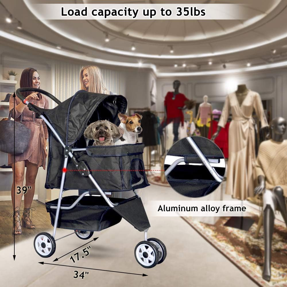 3-Wheel Pet Stroller, Lightweight Foldable Dog Stroller for Small Medium Dogs & Cats, Breathable Mesh & Weather Cover with Storage Basket, for Daily Walk Outdoor Travel (Black)