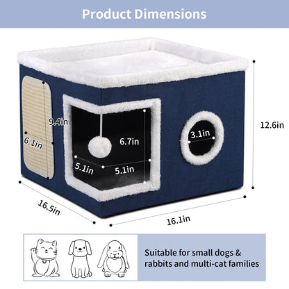 Cat Beds for Indoor Cats,Large Pet Beds for Cats, Cat Cave with Cozy Condo and Scratch Pad,Foldable Cat Cube Hideaway,Blue