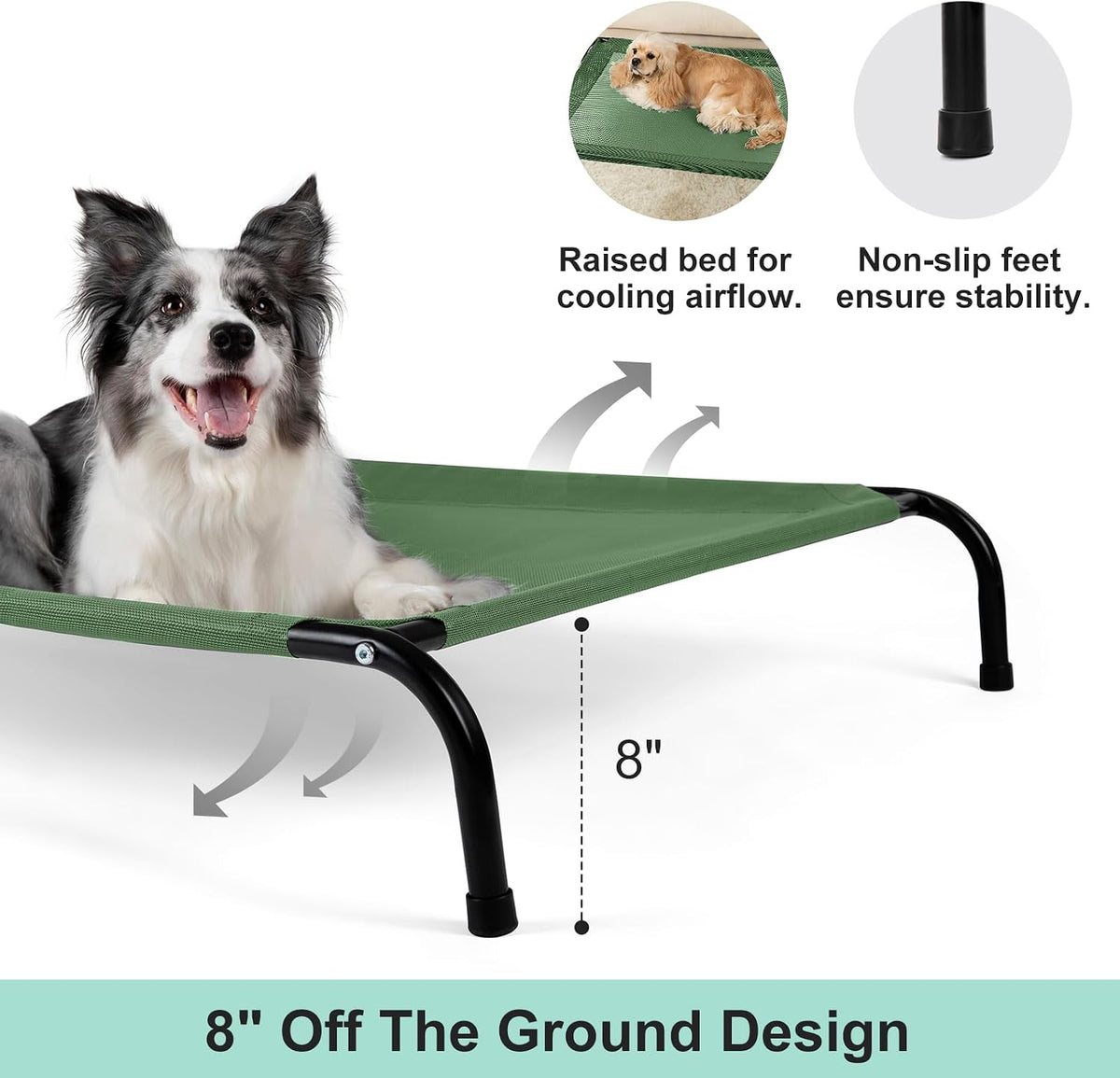 Cooling Elevated Dog Bed with Non-Slip Floor Protectors &amp; Breathable Mesh, Raised Indoor &amp; Outdoor Dog Cot Hammock, 41" L X 26" W X 8" Th, Medium, Green