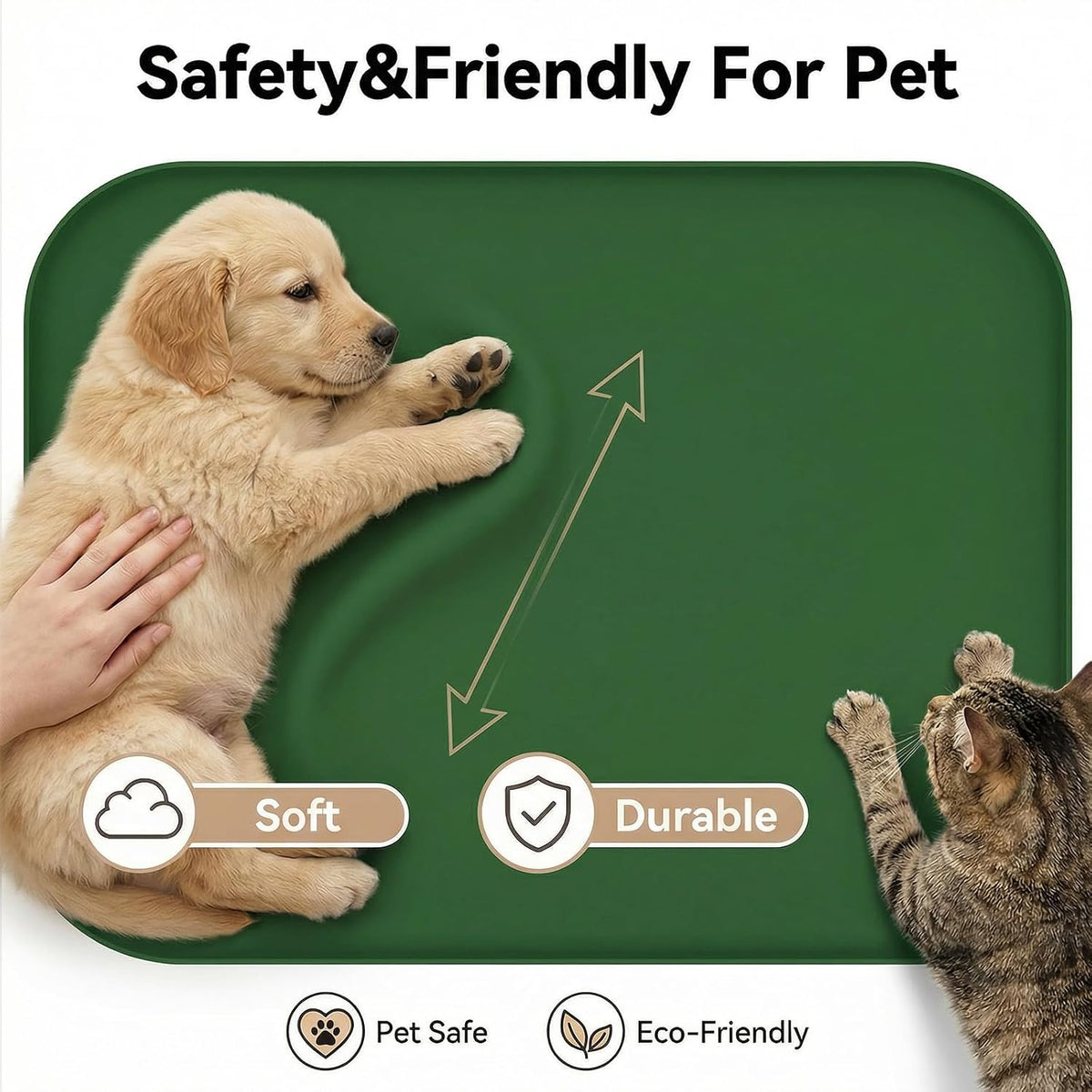 Non-Slip Silicone Dog Food Mat for Food and Water, 18" X 12" Raised Edge Pet Feeding Mat - Waterproof Dog Bowl Mat Easy Clean for Floor Protector,Dark Green