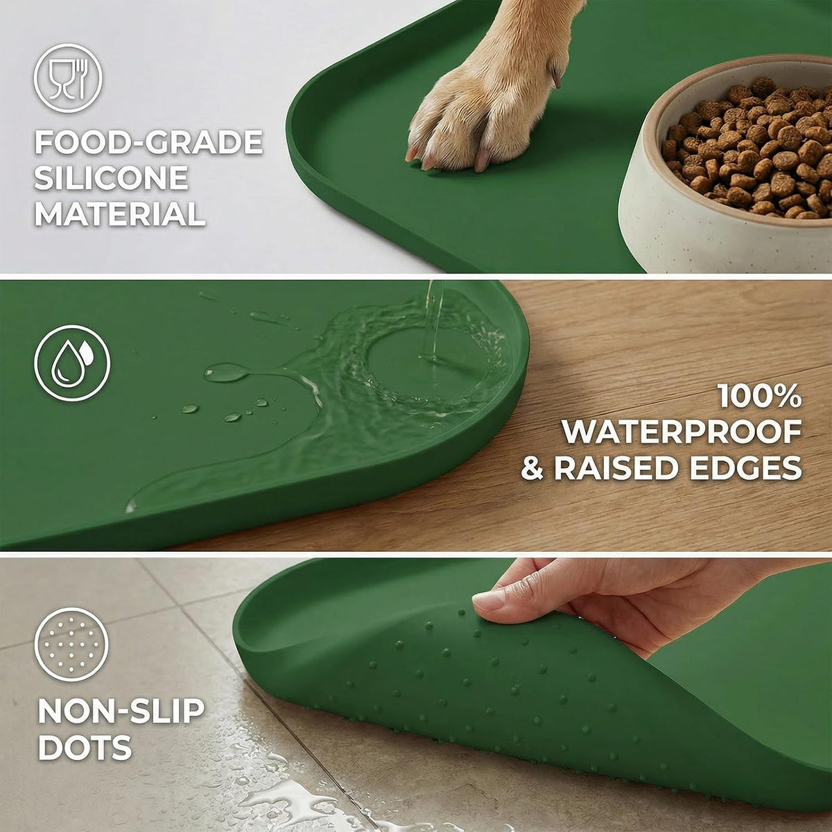 Non-Slip Silicone Dog Food Mat for Food and Water, 18" X 12" Raised Edge Pet Feeding Mat - Waterproof Dog Bowl Mat Easy Clean for Floor Protector,Dark Green