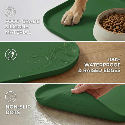 Non-Slip Silicone Dog Food Mat for Food and Water, 18" X 12" Raised Edge Pet Feeding Mat - Waterproof Dog Bowl Mat Easy Clean for Floor Protector,Dark Green