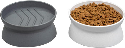 Elevated Slow Feeder Cat Bowls (Set of 2), Whisker-Friendly Raised Cat Food Dishes with Ridges, Helps Reduce Fast Eating &amp; Digestion Issues, Dishwasher Safe, 6.5 Oz – White &amp; Gray