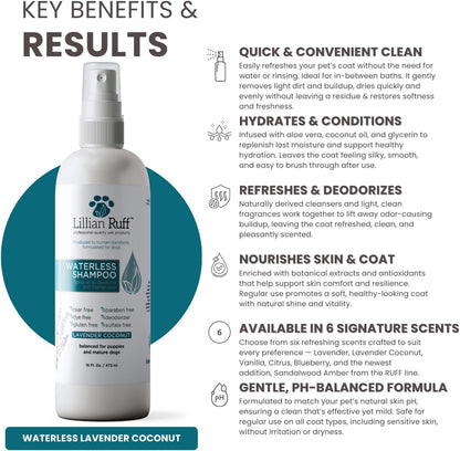 Waterless No-Rinse Dog Dry Shampoo Spray with Hydrating Essential Oils - Ph-Balanced Dry Shampoo for Dogs - Clean, Condition, Detangle &amp; Deodorize Dry, Sensitive Skin (Lavender Coconut)