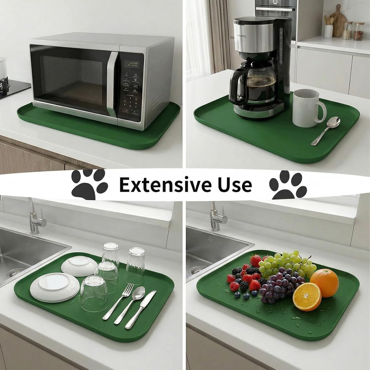 Non-Slip Silicone Dog Food Mat for Food and Water, 18" X 12" Raised Edge Pet Feeding Mat - Waterproof Dog Bowl Mat Easy Clean for Floor Protector,Dark Green