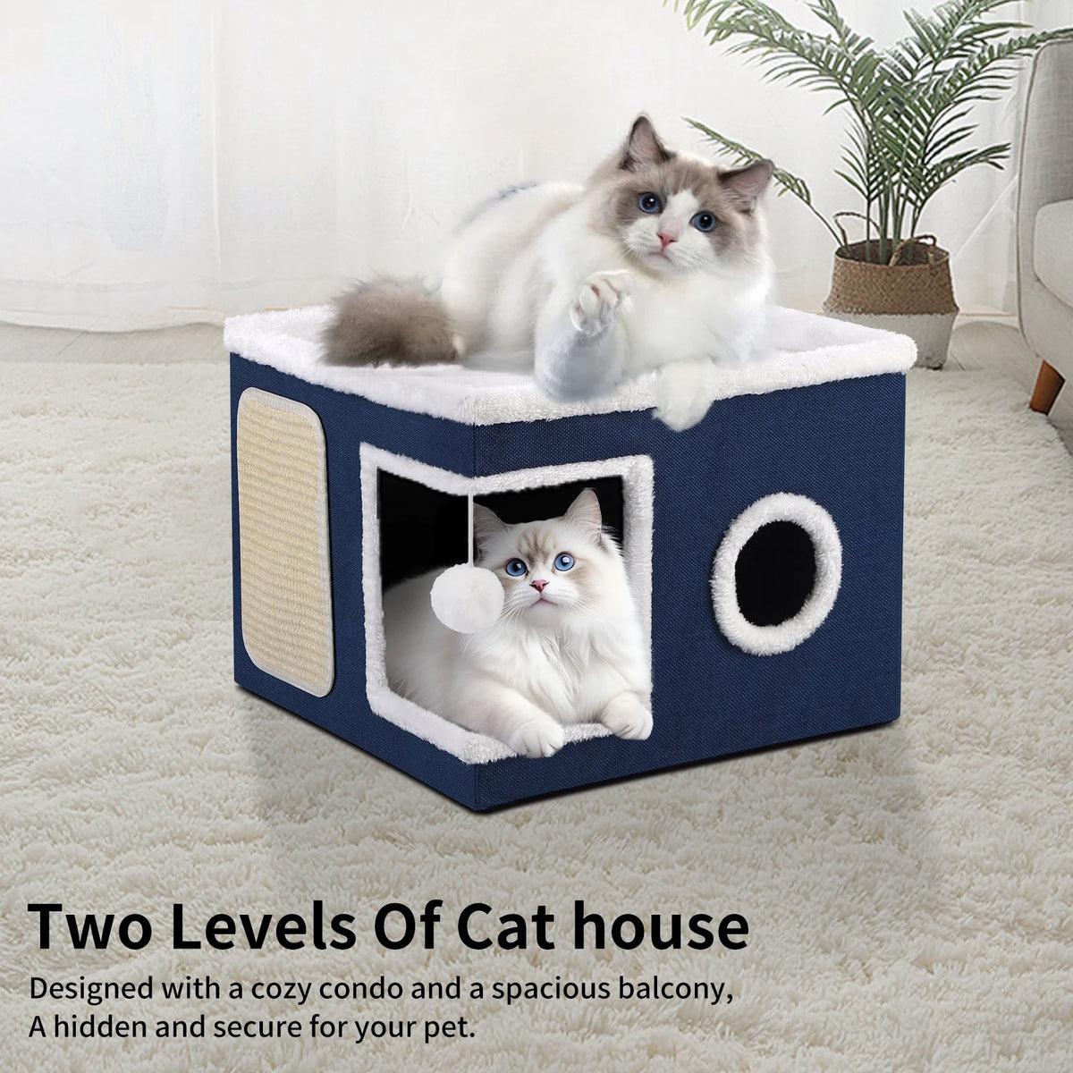 Cat Beds for Indoor Cats,Large Pet Beds for Cats, Cat Cave with Cozy Condo and Scratch Pad,Foldable Cat Cube Hideaway,Blue