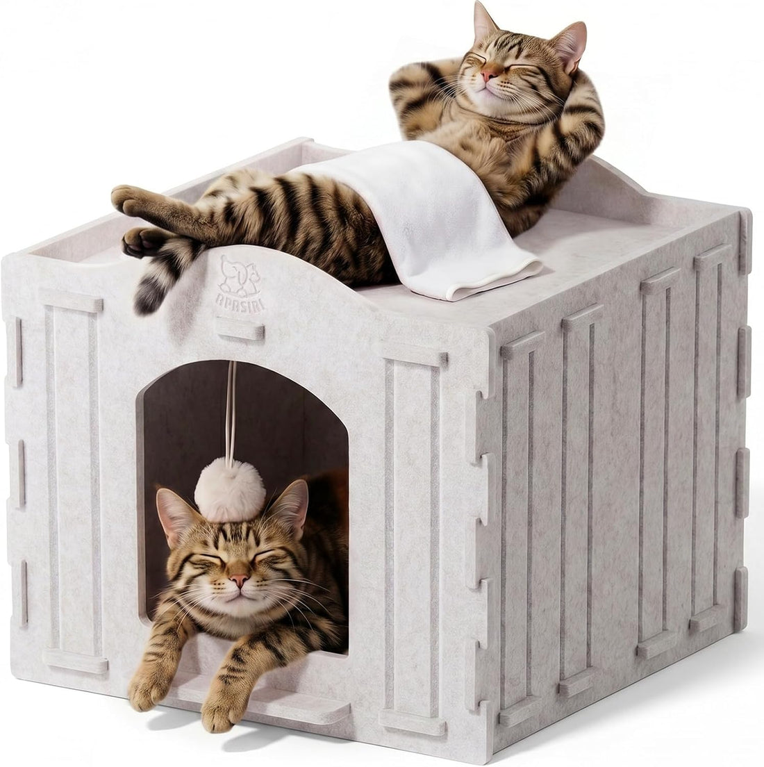 Cat Bed Cave for Indoor Cats: New Felt Cat Bed with Fluffy Ball, Foldable Cat House with Scratch-Resistant Board, Hideaway Cat Cave for Timid Cats, Sturdy Two-Tier Cat Condo &amp; Cat Houses